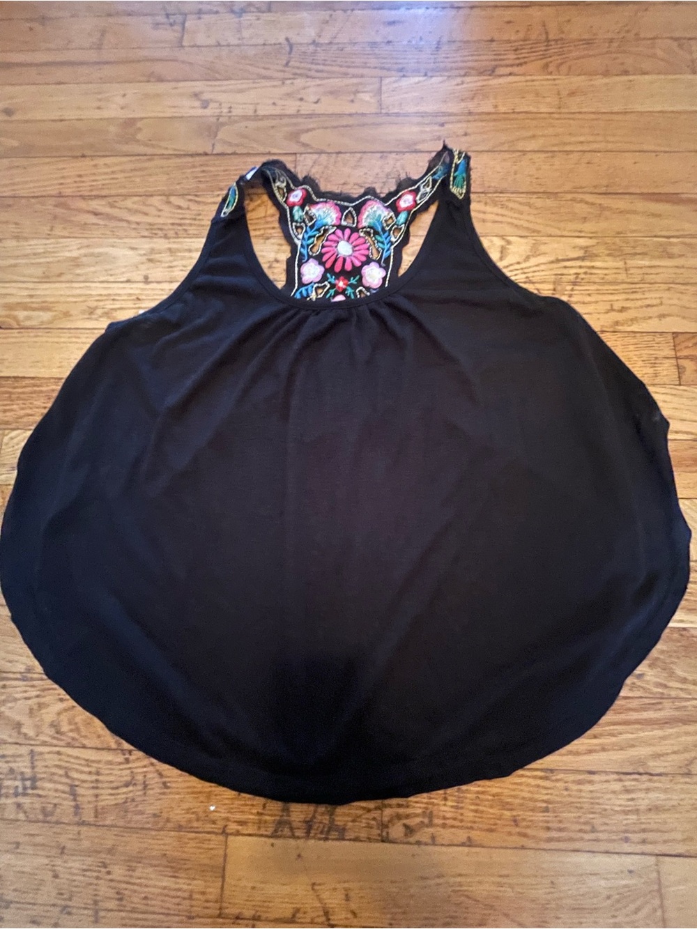 Wet Seal black tank top with colorful floral embroidery: size x-large